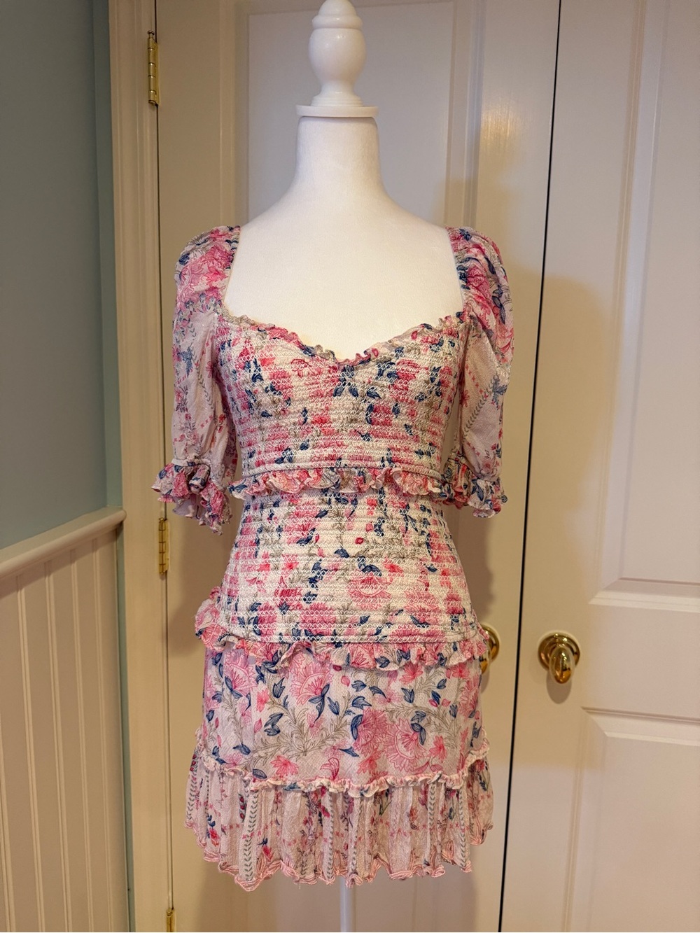 HEMANT & NANDITA cream top with pink and blue floral accents